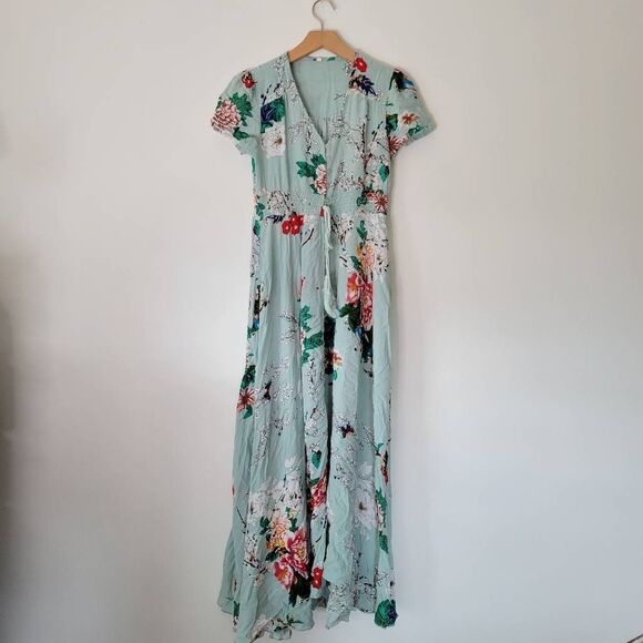 Button Down Floral Dress Blue Maxi Short Sleeve Waist Tie Small - Picture 1 of 6